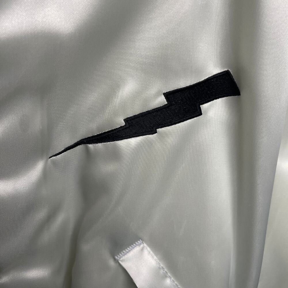 Vintage Dunbrooke Pla-Jac Silver Satin Bomber Jacket Lg Lightning Bolt USA Made - Picture 3 of 4